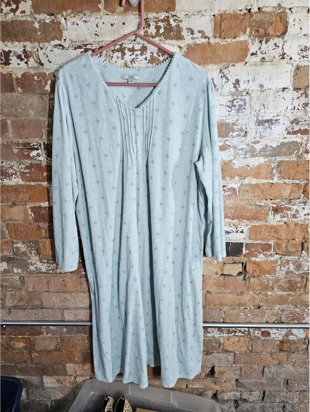 Croft & Barrow 1X Aqua Floral Long Sleeve Nightgown Pintuck Grannycore Plus Maxi